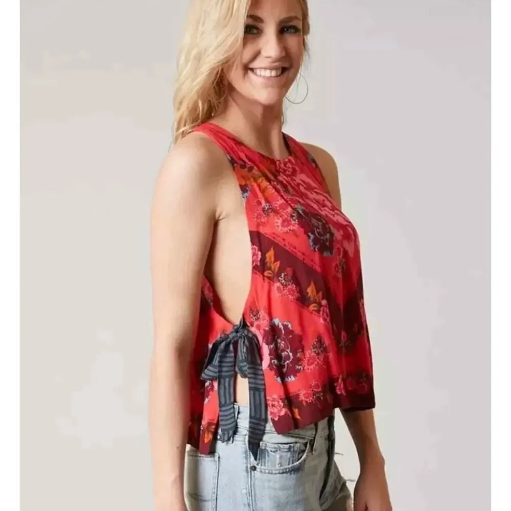 Free People This Sweet Love Top XS Floral Side Tie Scarf Tank Pink Red Boho